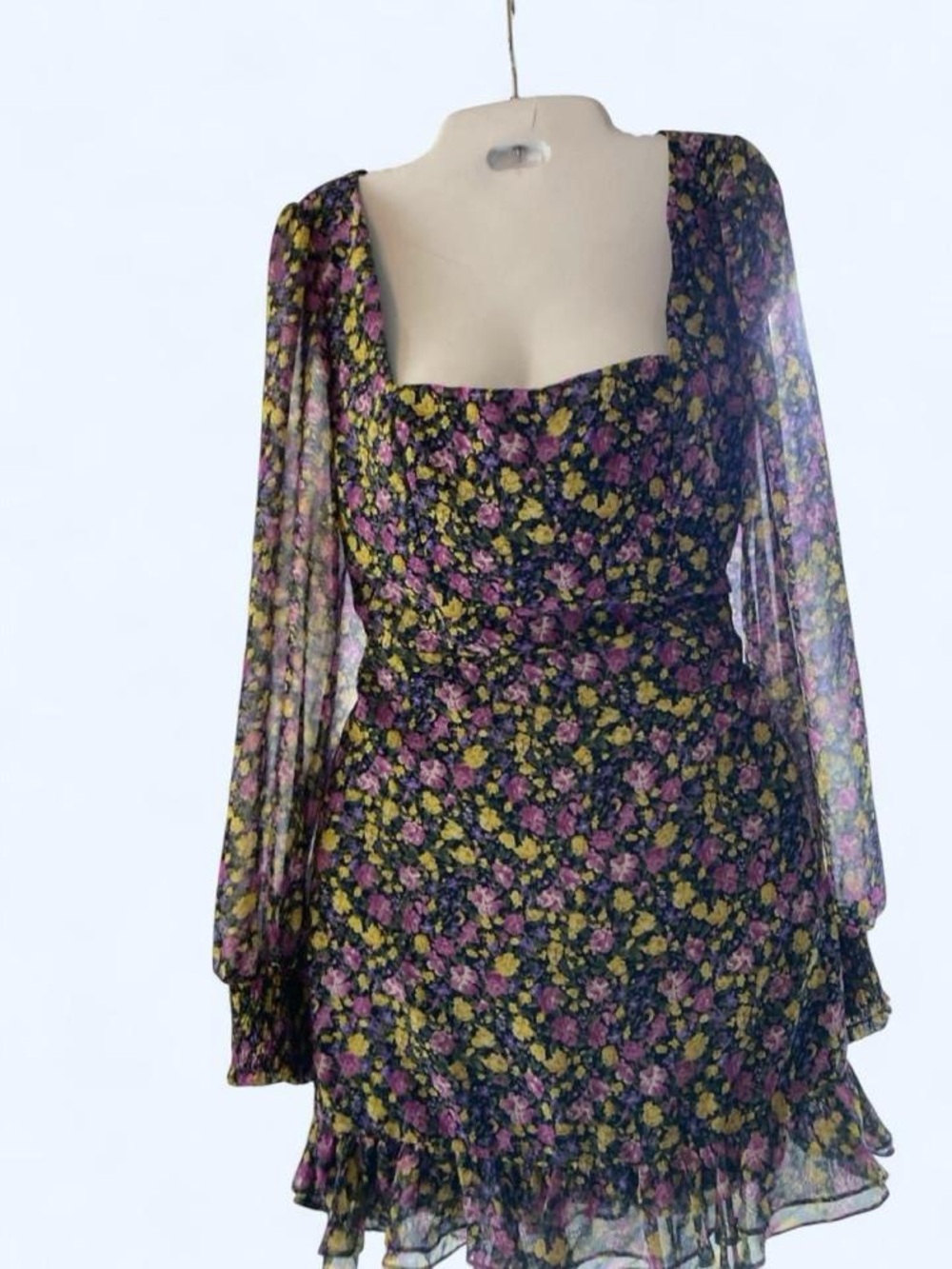 Lulus purple, yellow, and green floral mini dress with ruffle sleeves and hem M